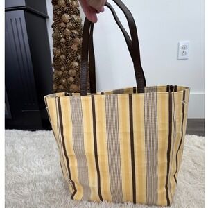 Restoration hardwareStriped Canvas Tote Bag Large Yellow Brown Snap Closure‎
